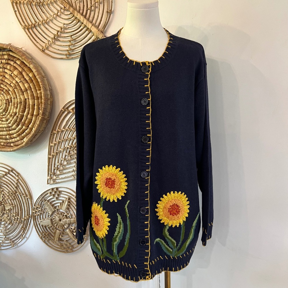 Vintage Navy Blue Cotton Sunflower Embroidered Cardigan Sweater 1X